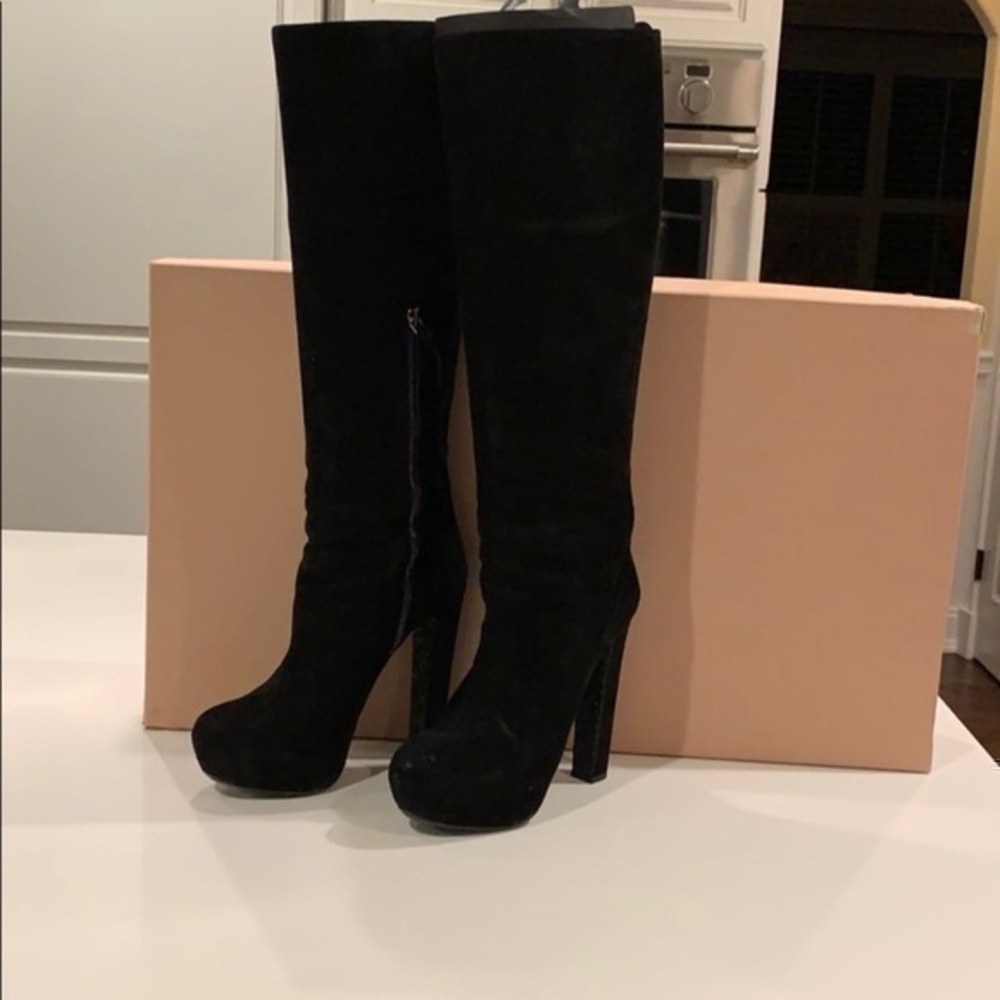 Authentic black suede Miu Miu by Prada knee high boots platform 39.5.